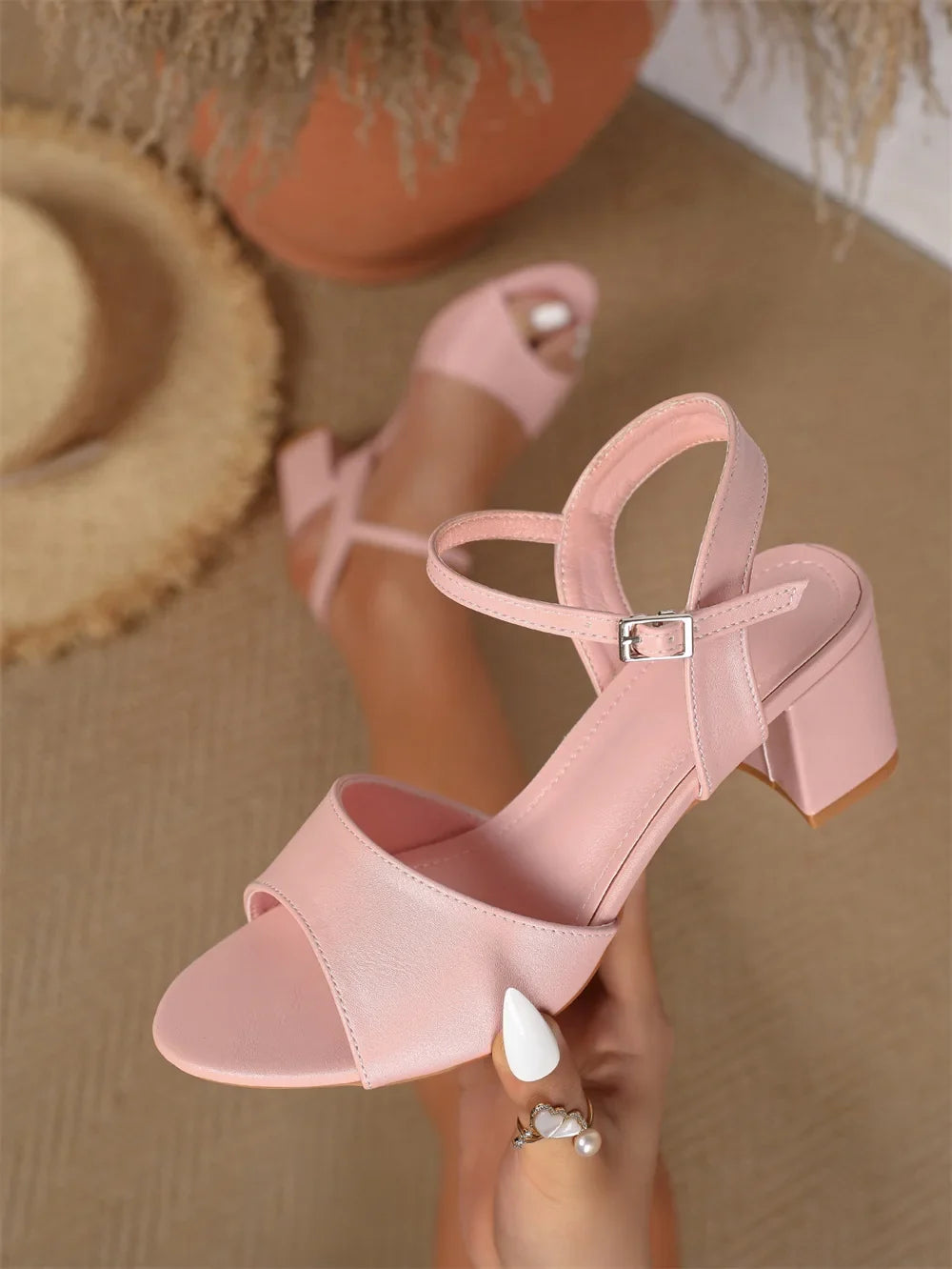 Size 42 Summer Classic Black White Ankle Strap Sandals for Women Elegant Blue Pink Square Heels Office Lady Shoes