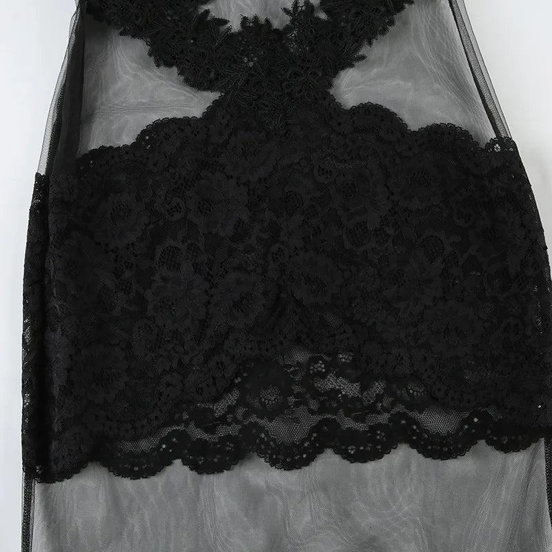 FDYOUI Sexy Lace Patchwork Mesh Long Dress Women Spaghetti Strap See-through Evening Party Dresses White Black Night Club Outfit