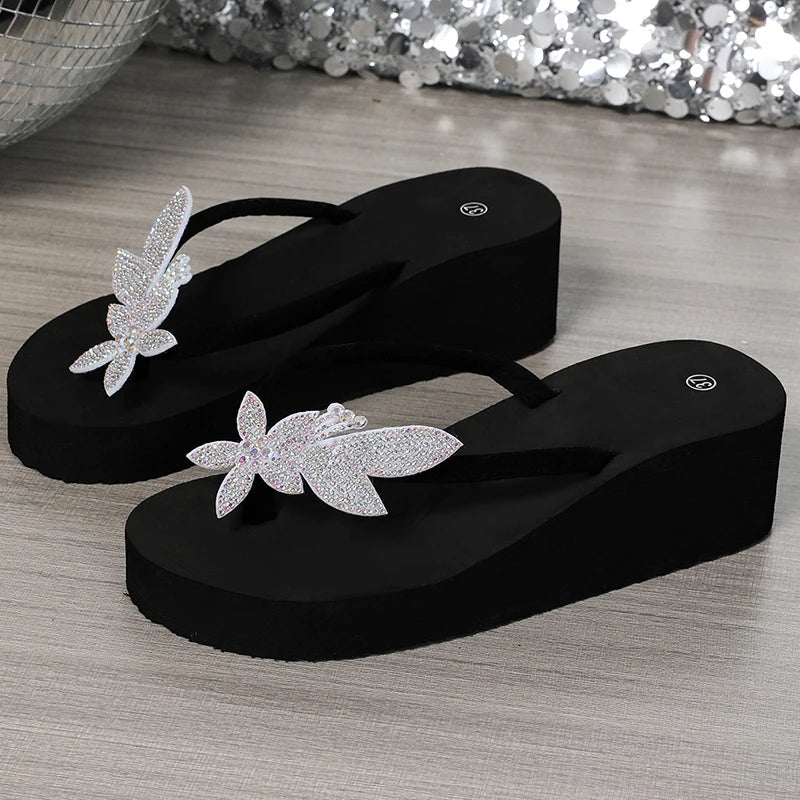 Shiny Sequins Decor Wedge Flip Flops for Women Luxury Open Toe High Heel Sandal Woman 2025 Vacation Beach Non Slip Slides Female