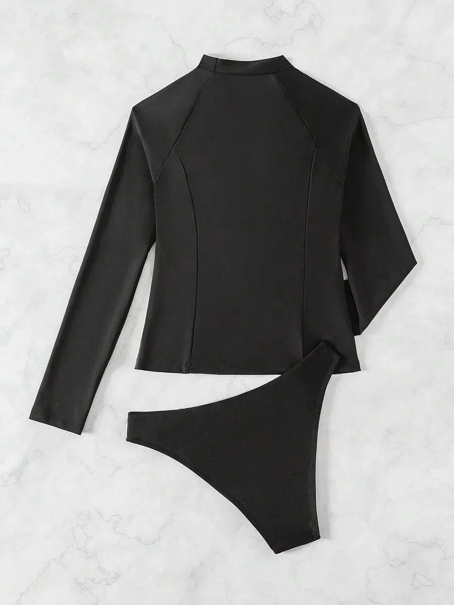 2026 Long Sleeves Slim Swimsuit Women 2 Pieces Solid Swimwear Female Rush Guard Bathing Swimming Swim Surf Suit Beachwear XXL