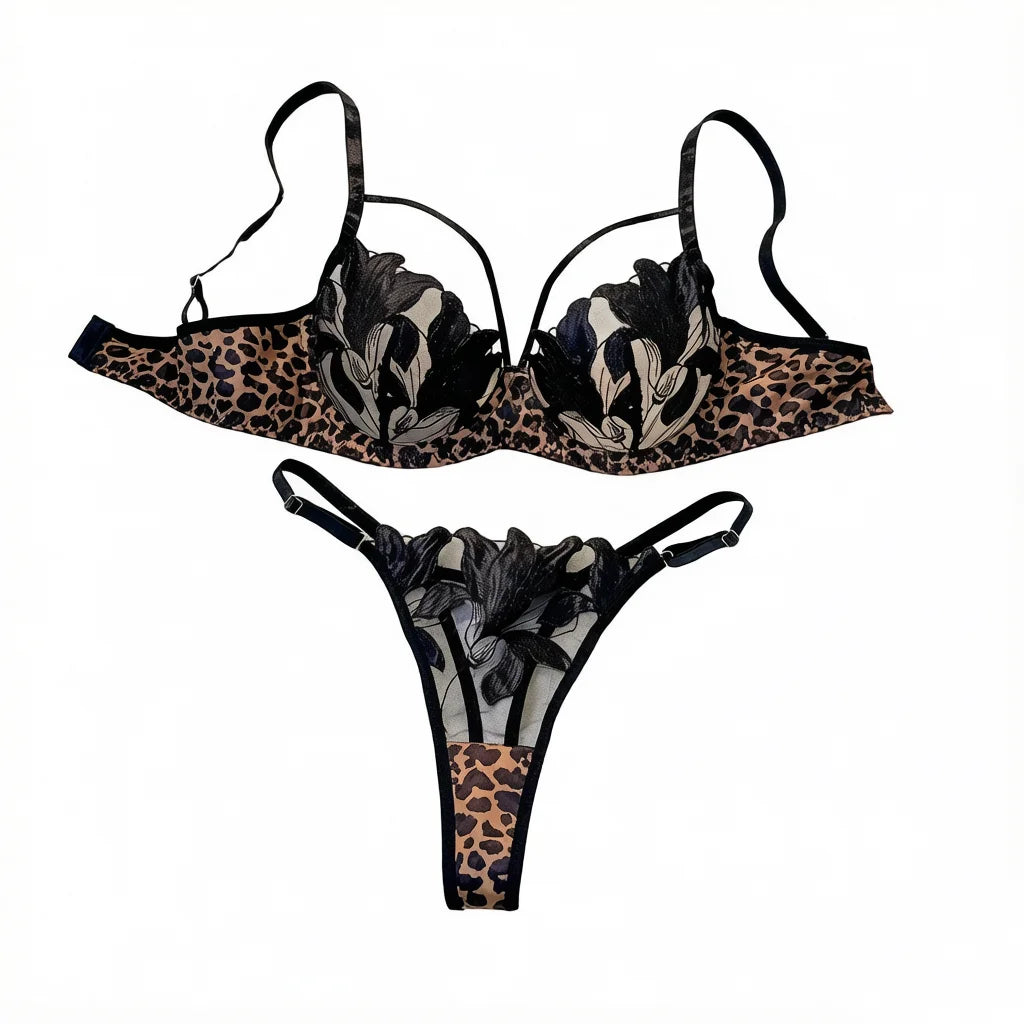 Floral Embroidery Leopard Print Lingerie Set Women Sheer Mesh Underwire Bra And Thong Sexy Underwear ZA825183