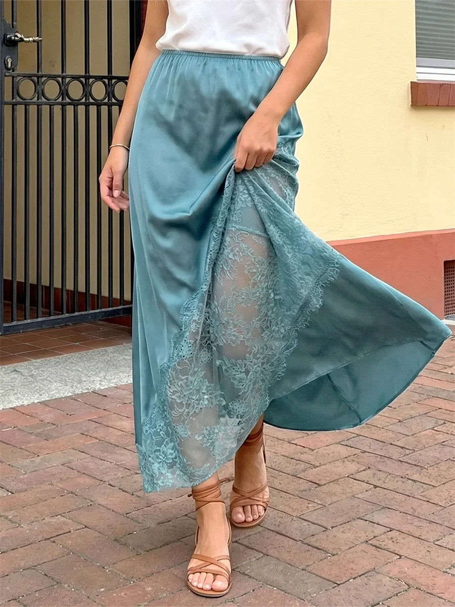 Fashion Stylish Women's Long Skirt Solid Color Satin Lace Patchwork Mid Rise Skirt for Spring Summer
