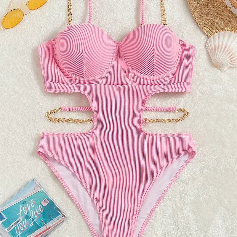 Sexy Push Up Underwire One Piece Swimsuit Women Solid Pink Metal Chain Hollow Out Ribbed Bathing Suit Backless Swimwear Monokini