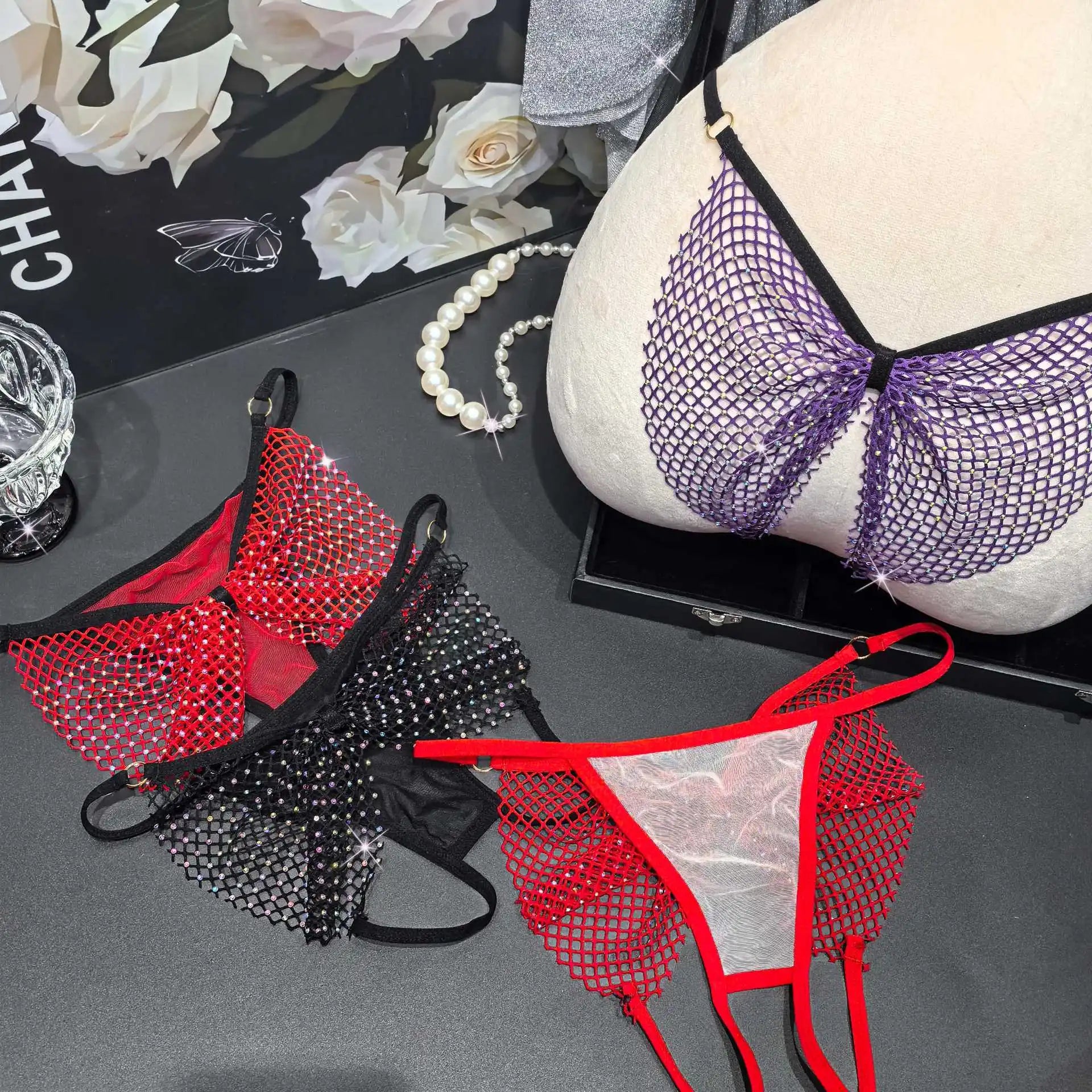 Rhinestone Sex Underwear Fishnet Crotchless Open T Pants Couple Panties Lace Women G String Hot Erotic Briefs Thong Intimates