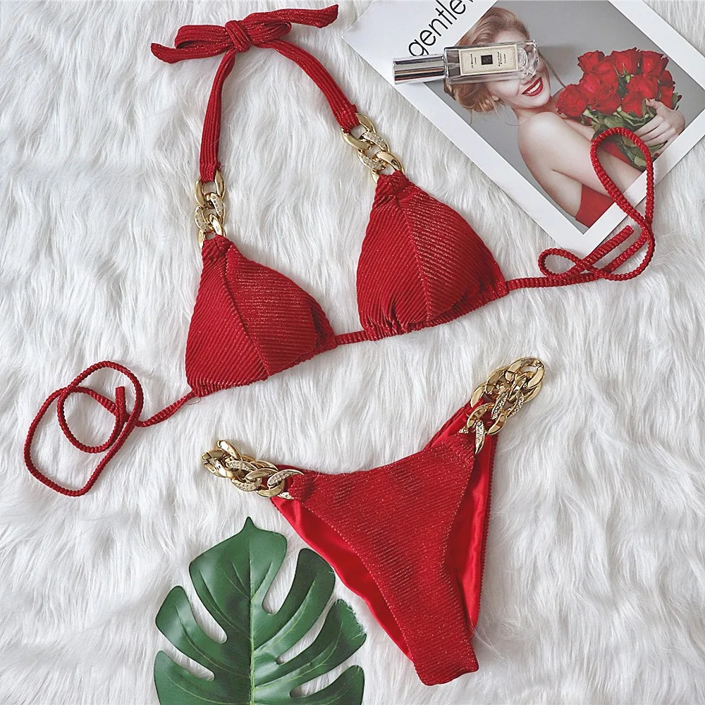 9 Colors Sexy Bikini Women Shining Fabric Golden Rhinestone Chain Swimwear Swimsuit Solid Halter Bikinis Set Bathing Suit Female