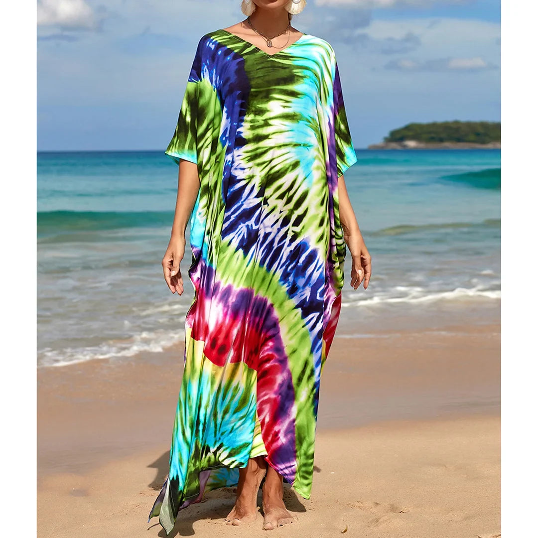2026 New Colorful Kaftan Tunic Beach Dress Beach Wear Beachwear Beach Cover Up Cover-upsLoose Maxi Dress Female Women V4428