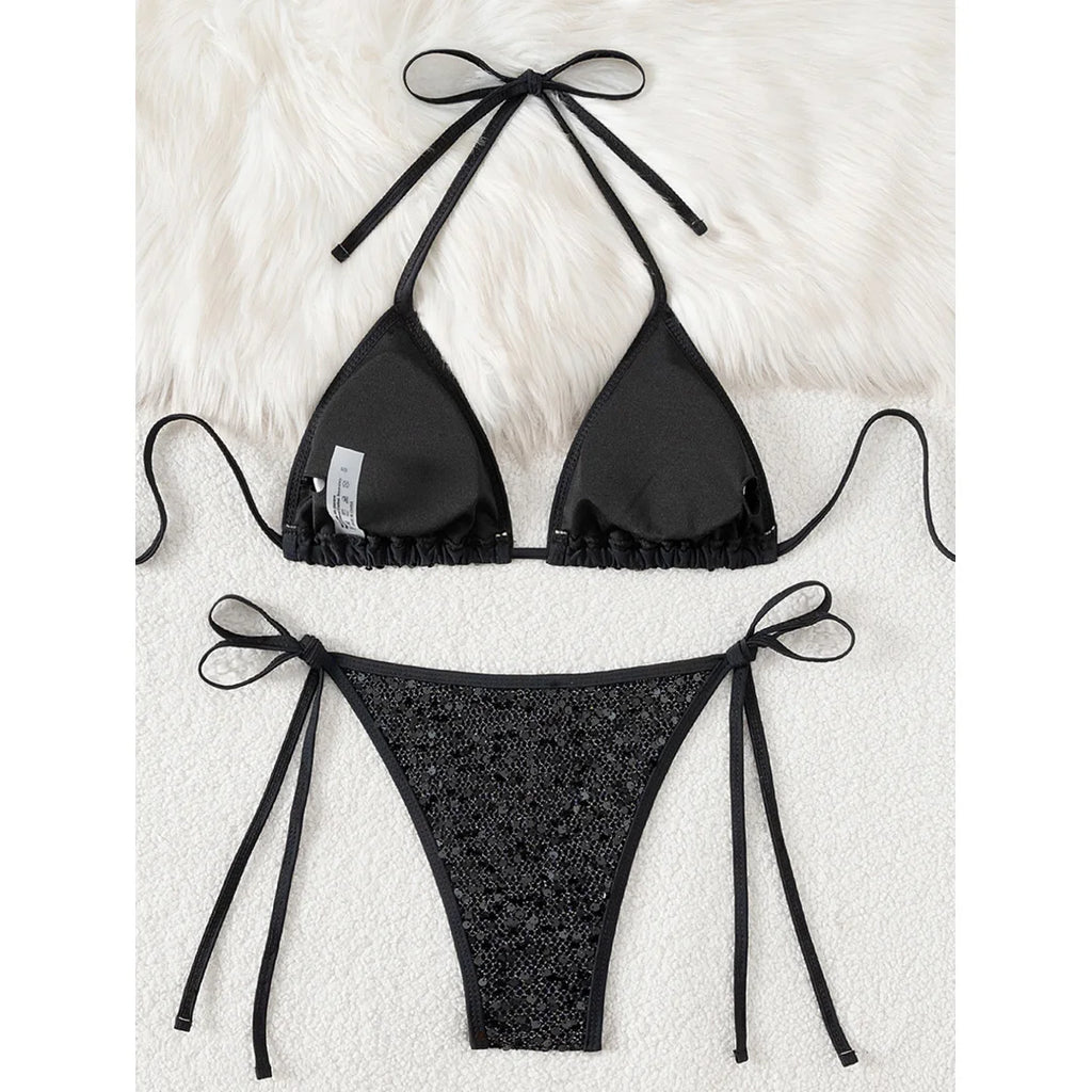 Sparkling Sequins Halter High Leg Cut Bikini Women Swimwear Female Swimsuit Two-Pieces Bikini Set Bather Bathing Suit Swim V6678