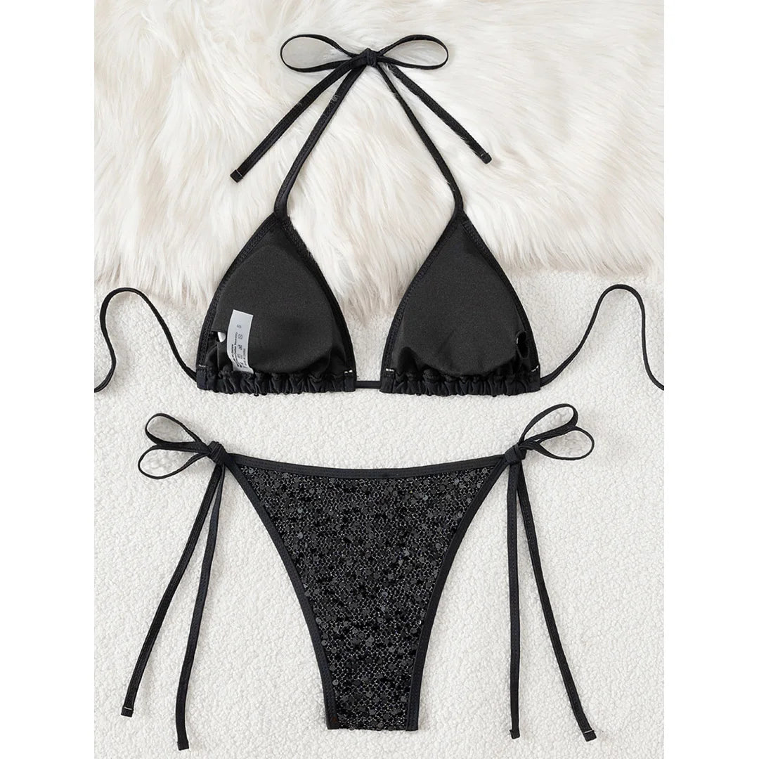 Sparkling Sequins Halter High Leg Cut Bikini Women Swimwear Female Swimsuit Two-Pieces Bikini Set Bather Bathing Suit Swim V6678