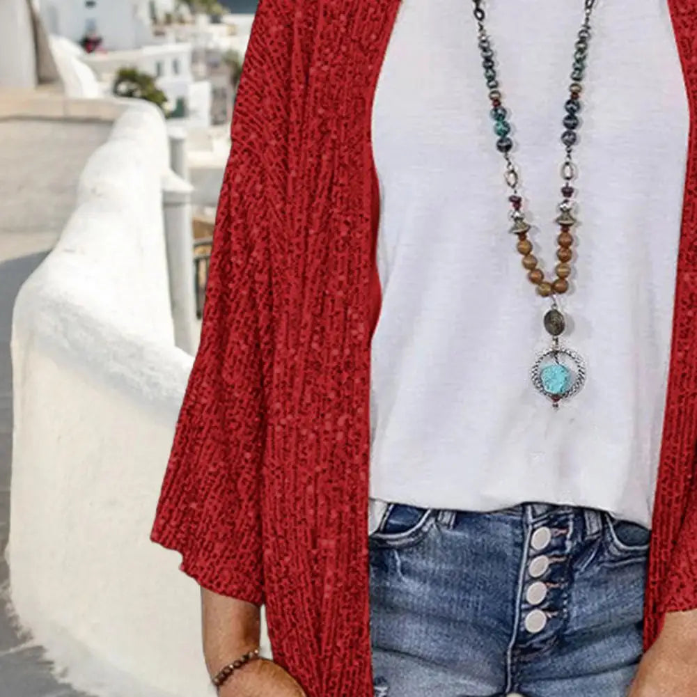Open Front Jacket Women Sequin Coat Long Sleeve Solid Color Spring Autumn Mid-length Cardigan