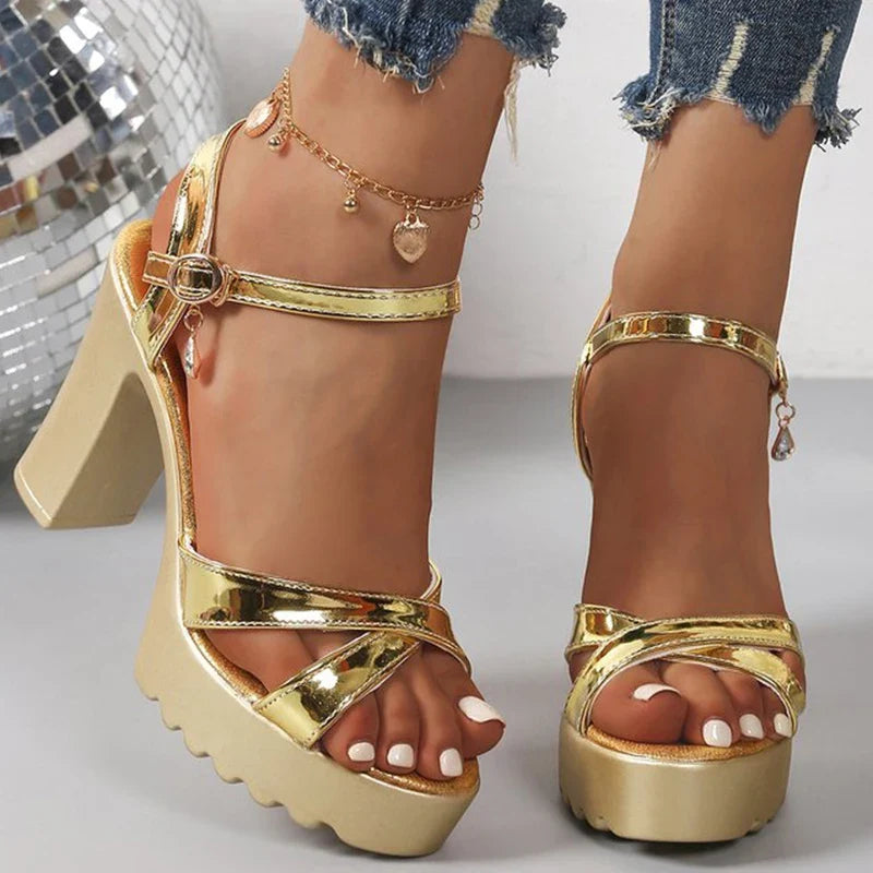 Summer Luxury Diamond Buckle Strap Women's Pumps Square Heel Solid Pumps Shoes Women Fashion Pu Platform High Heels Female