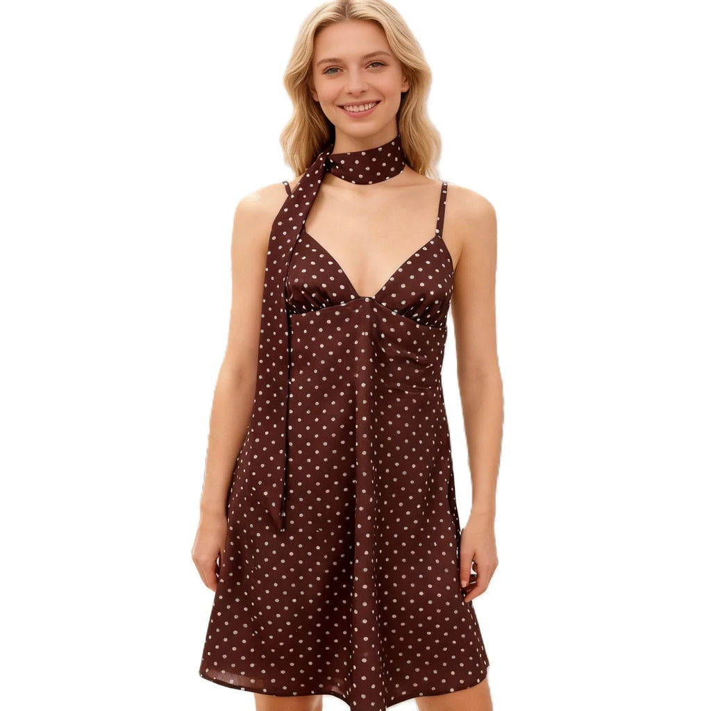 Women's Summer Mini Cami Dress A Line Stylish Dot Print Backless V Neck Spaghetti Strap Dresses with Scarf