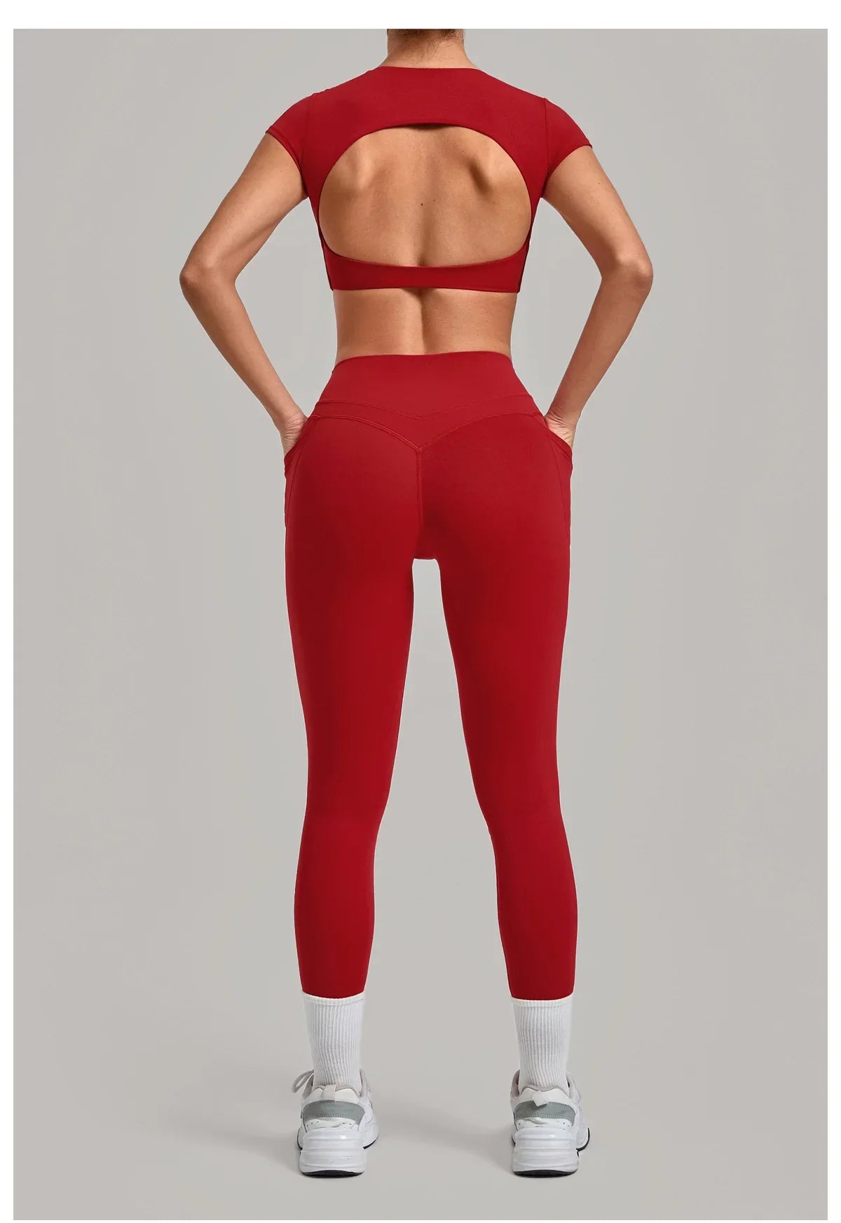 Yoga Set Women's Tracksuit Short Sleeve Back Hollow Out Sports Top Athletic Wear Tight High Waist Pocket Leggings Fitness Suits