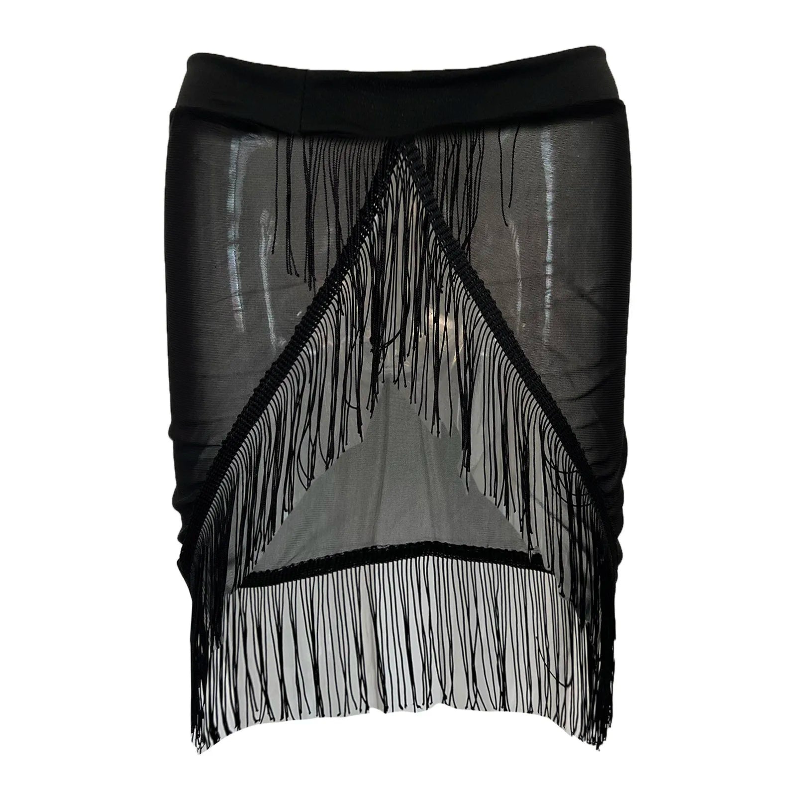 Women's Black Mesh Fringe Sarong Skirts Asymmetric Triangle Cut Swimwear Cover Up Sheer Ruched Tassel Hem Wrap Flowy Beach Skirt