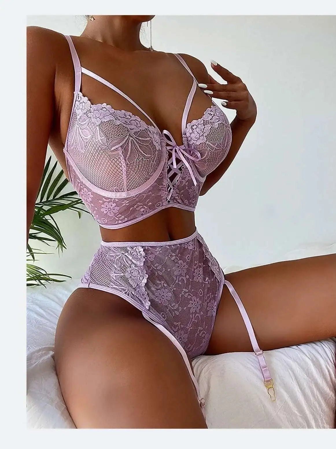 New Sexy Lace Mesh Solid Color Flower Bodysuits Backless Deep V Suspenders Sleeveless Bodysuits Charming Elegant Pure Desire 8FA