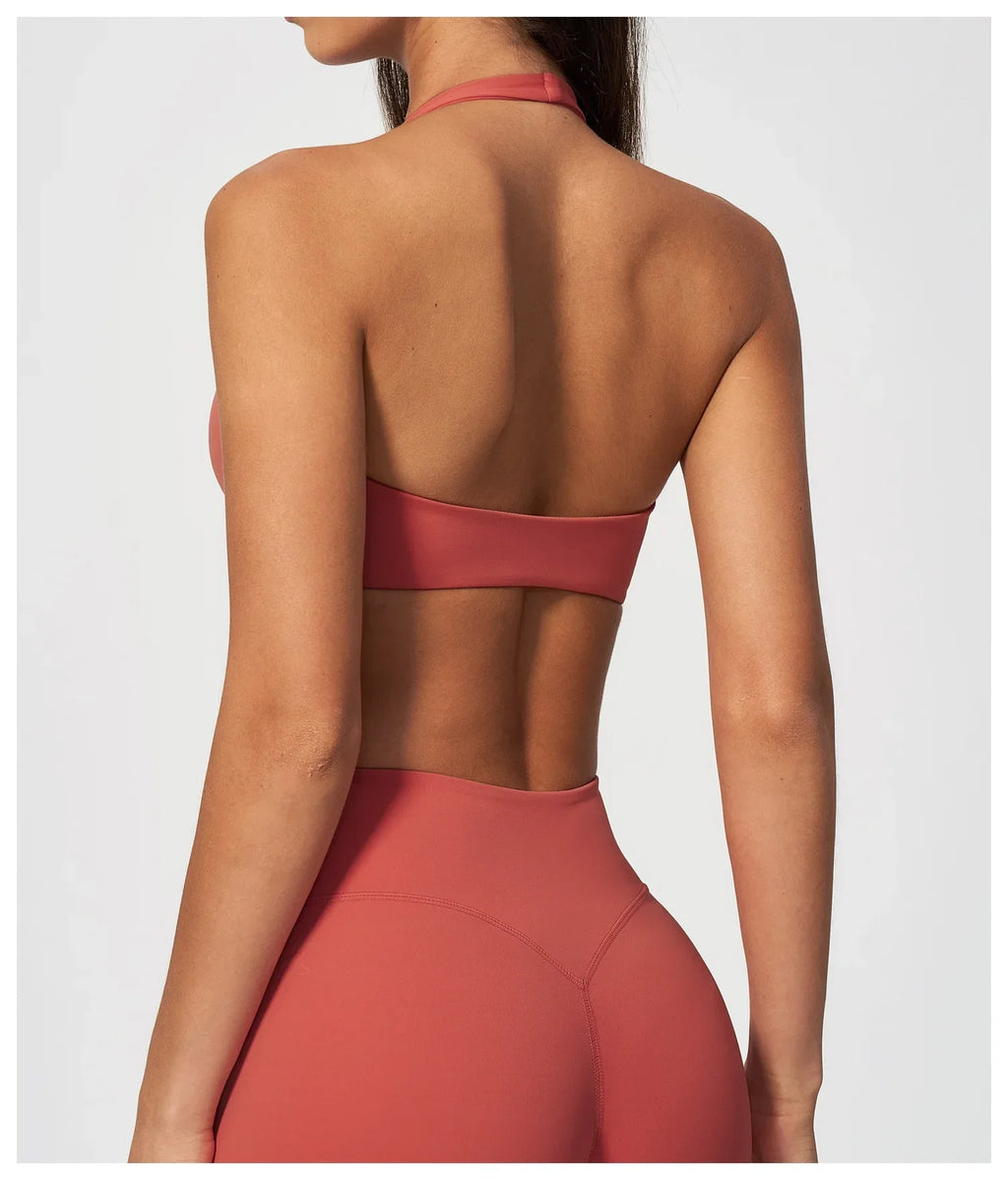 Halter V Neck Yoga Bra Sexy Backless Shockproof Gym Sports Tank Top Quick Dry Workout Fitness Outdoor Gym Running Bra