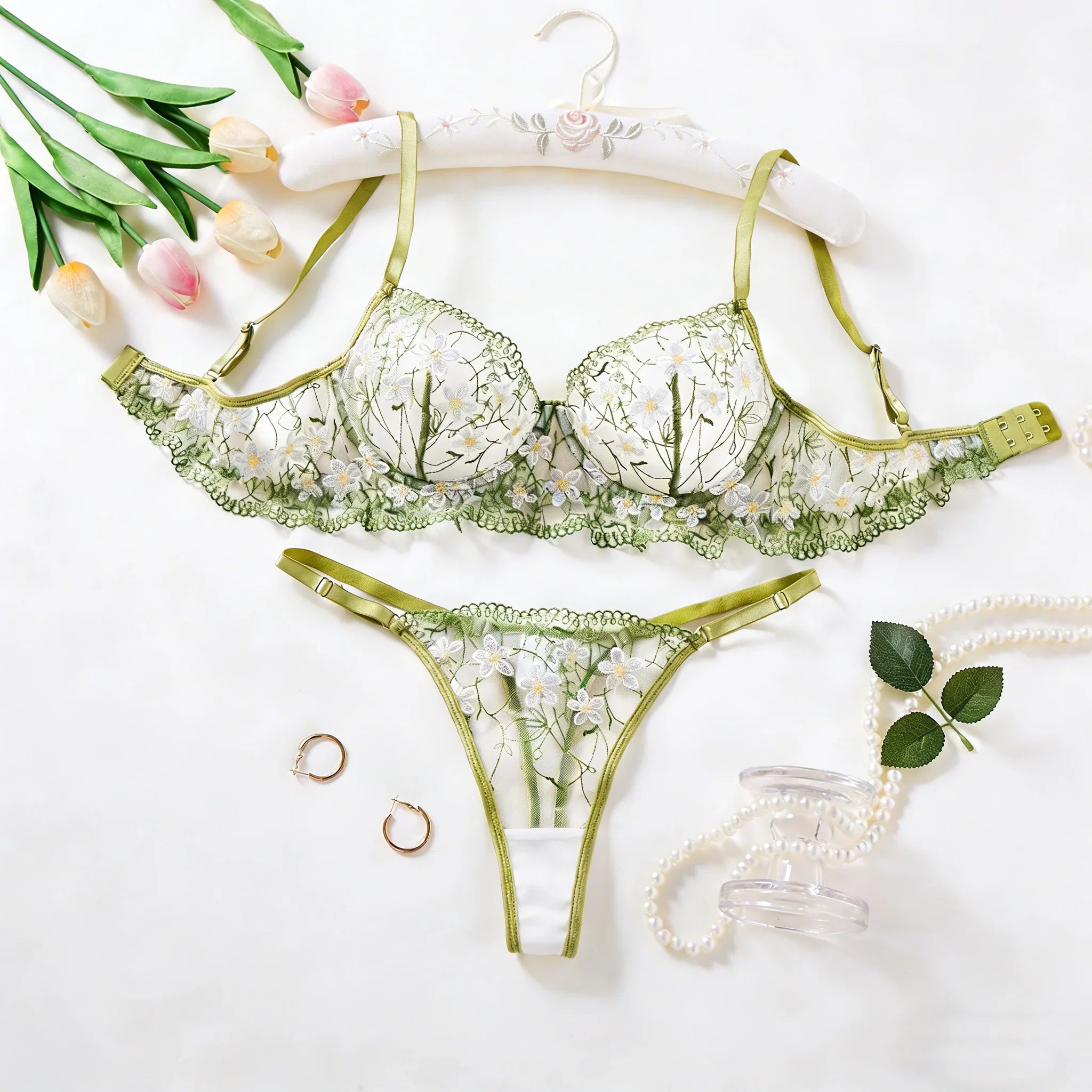 Green Sexy Lace One-Piece Sheer Embroidered Lingerie, Soft Steel Band Supportive Bra, French Pure Passion and Sweetness ZA825194