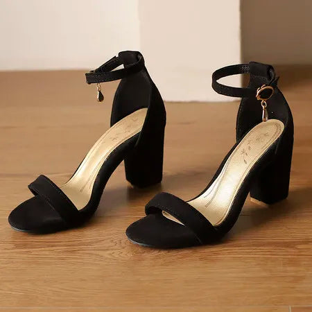 Beige Suede Ankle Strap Block Heel Sandals for Women, Round Open Toe with Rhinestone Accent, Multiple Colors Available