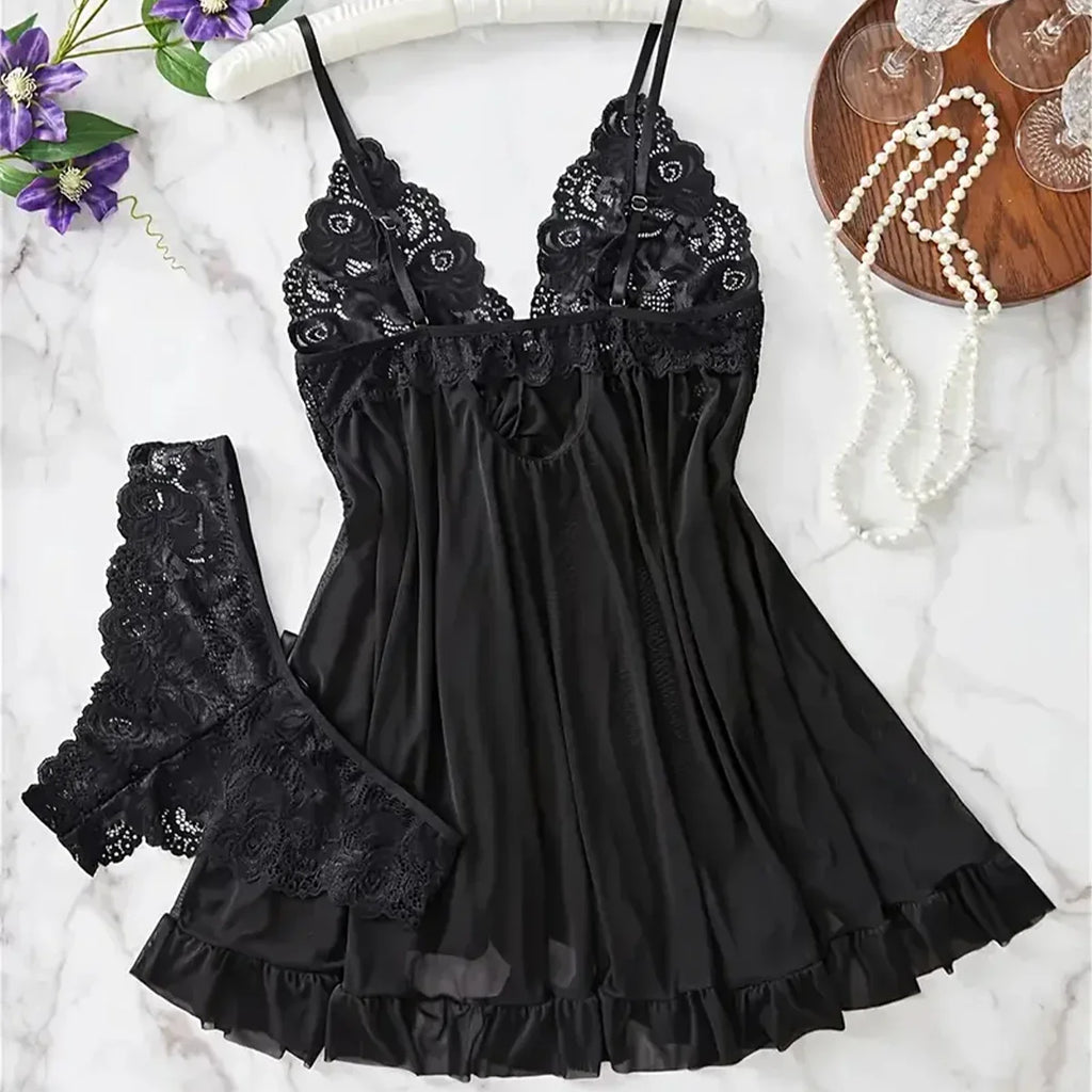 Elegant Transparent Red Lingerie Women's Underwear Sleepwear Lace Nightdress Panty Pijamas Sets Female Babydoll