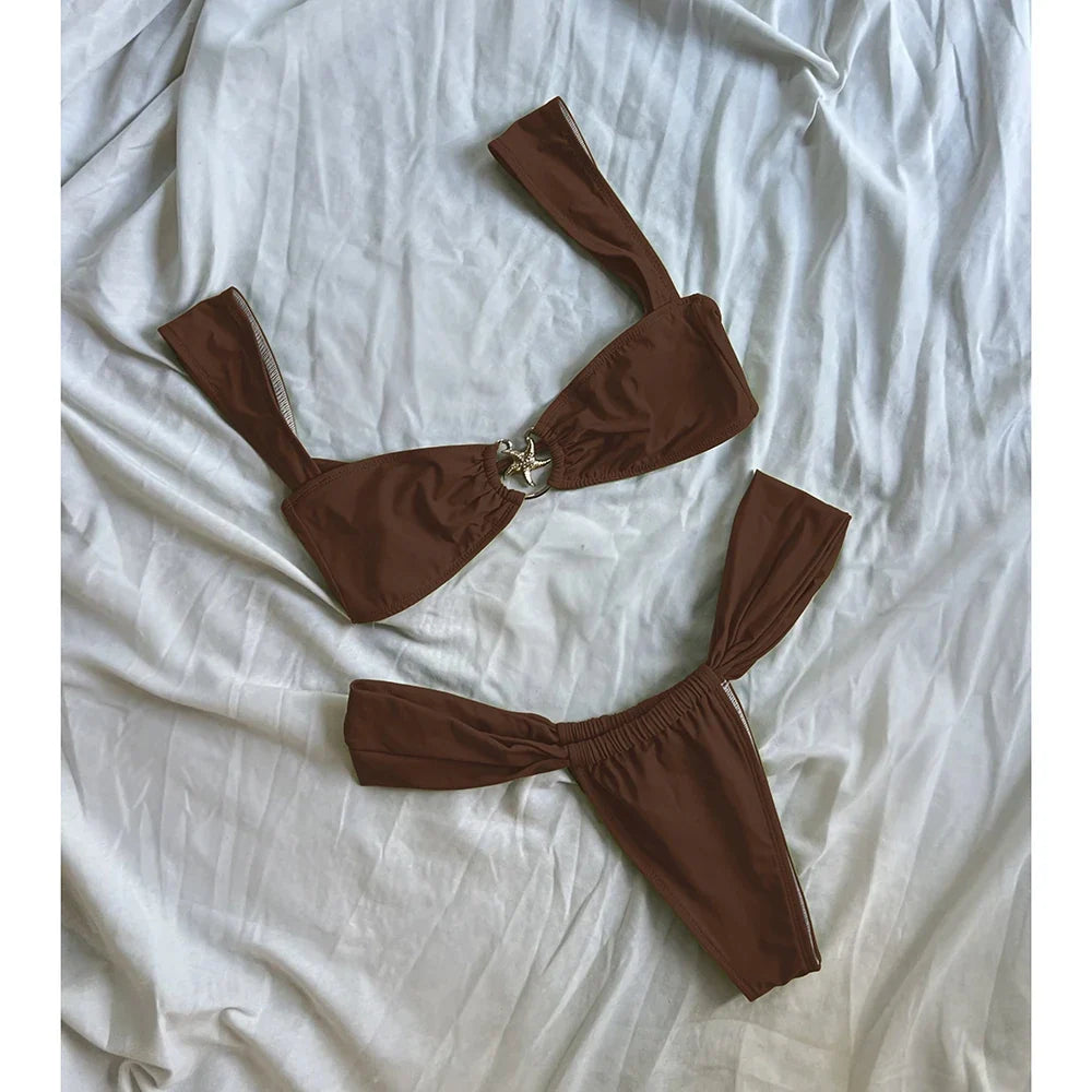 Push Up Bikinis Women Swimsuits 2025 Swimwear Sexy Starfish Bikini Set Thong Brazilian Biquini Bathing Suit Solid Beachwear