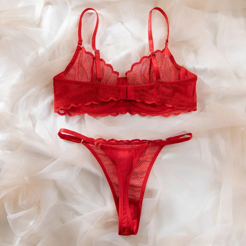 Toucheart Sexy Lingerie Suit for Women Lace Mesh Ultra-thin Underwear Comfortable Bra Set with Steel Rings Hollow Out Underwear