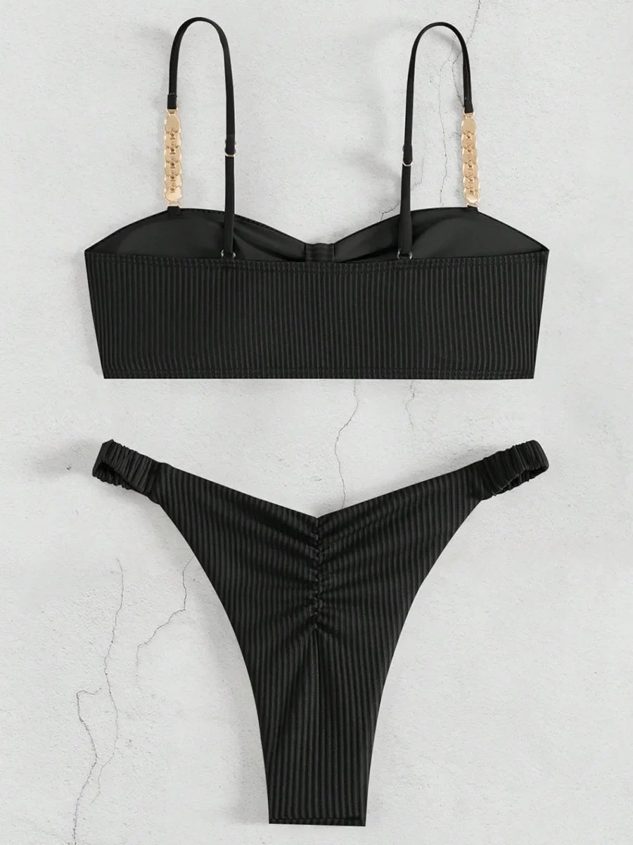 Front Knotted Metal Strap Ribbed Bikini Women Swimwear Female Swimsuit Two Pieces Bikini Set High Cut Bathing Suit Swim Beach