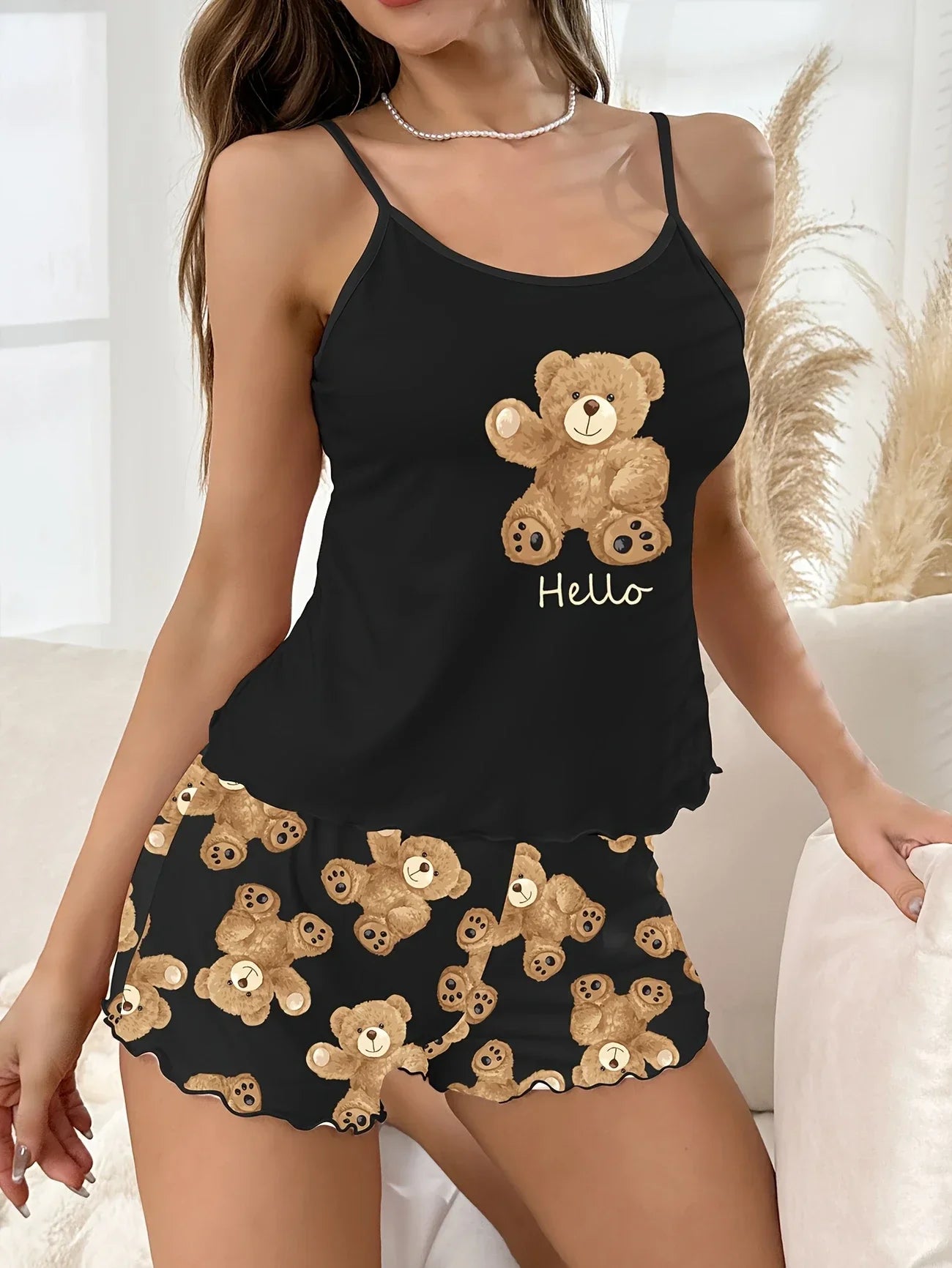 Summer Black Cute Bear Printed Pajamas Set for Women Loungewear Sling Crop Tops and Shorts Sleepwear Home Wear Clothes