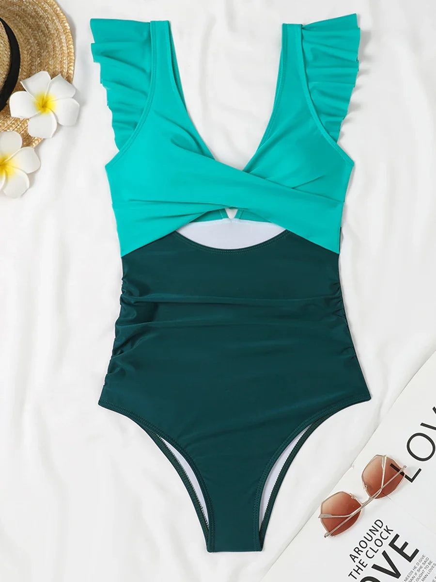 2026 Hollow Out Cross Ztvitality Swimsuit One Piece Solid Ruffle Swimwear Women Bathing Swimming Swim Suit Female Beach Wear
