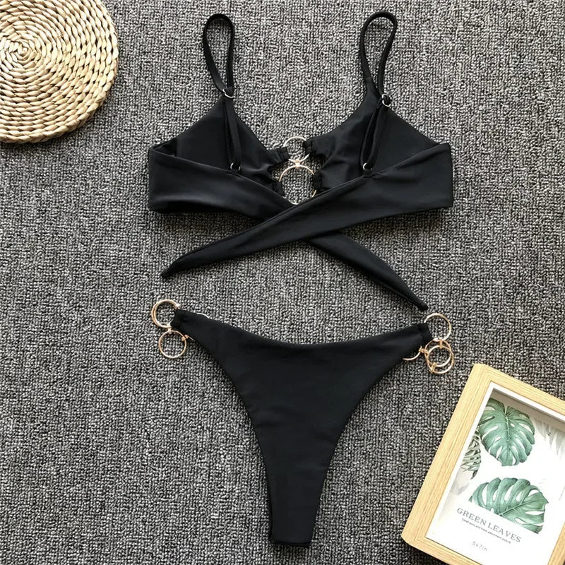 Metal Rings Bikinis Hollow Out Bikini Women Swimsuit Female Brazilian Swimwear Two Pieces Bikini Set High Cut Bathing Suit Swim