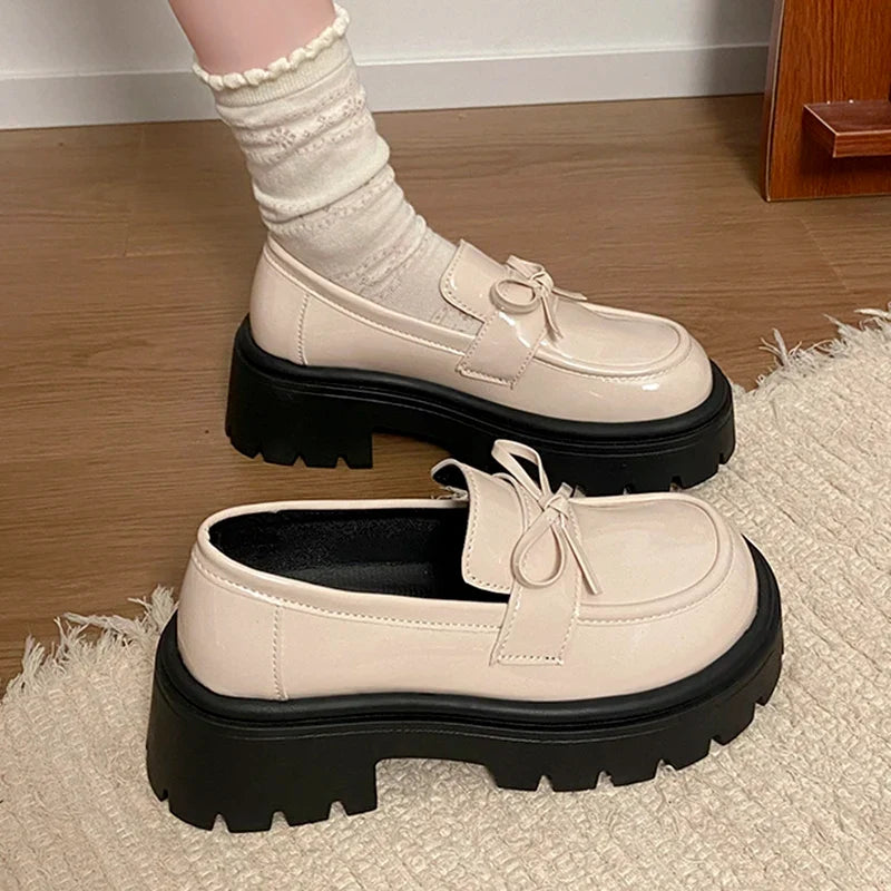 2025 Bowknot Decor Platform Loafers Women Fashion High Heel Jk Pu Leather Shoes Woman Korean Slip On Thick Sole Shoes Female