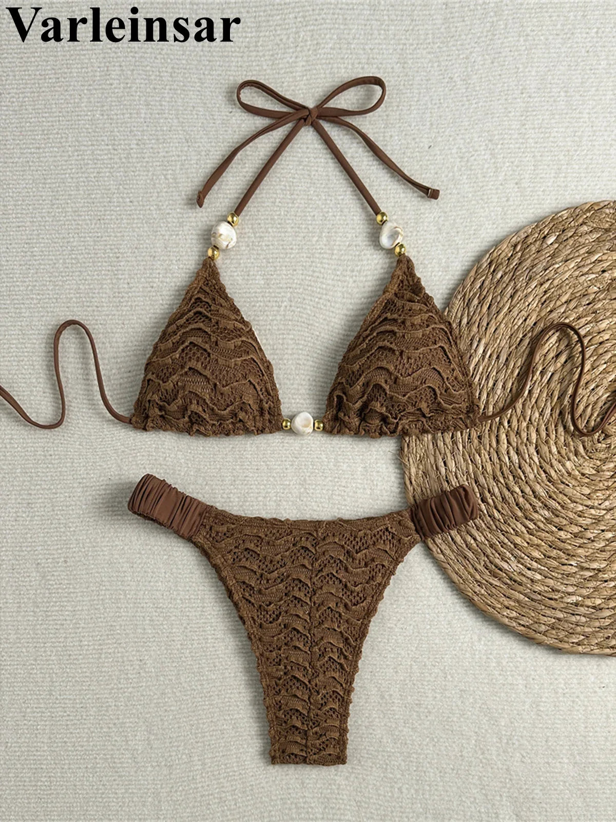 2026 Wrinkled Crinkled Halter Bikini Women Swimwear Female Swimsuit Two-pieces Bikini set Padded Bather Bathing Suit Swim V8135