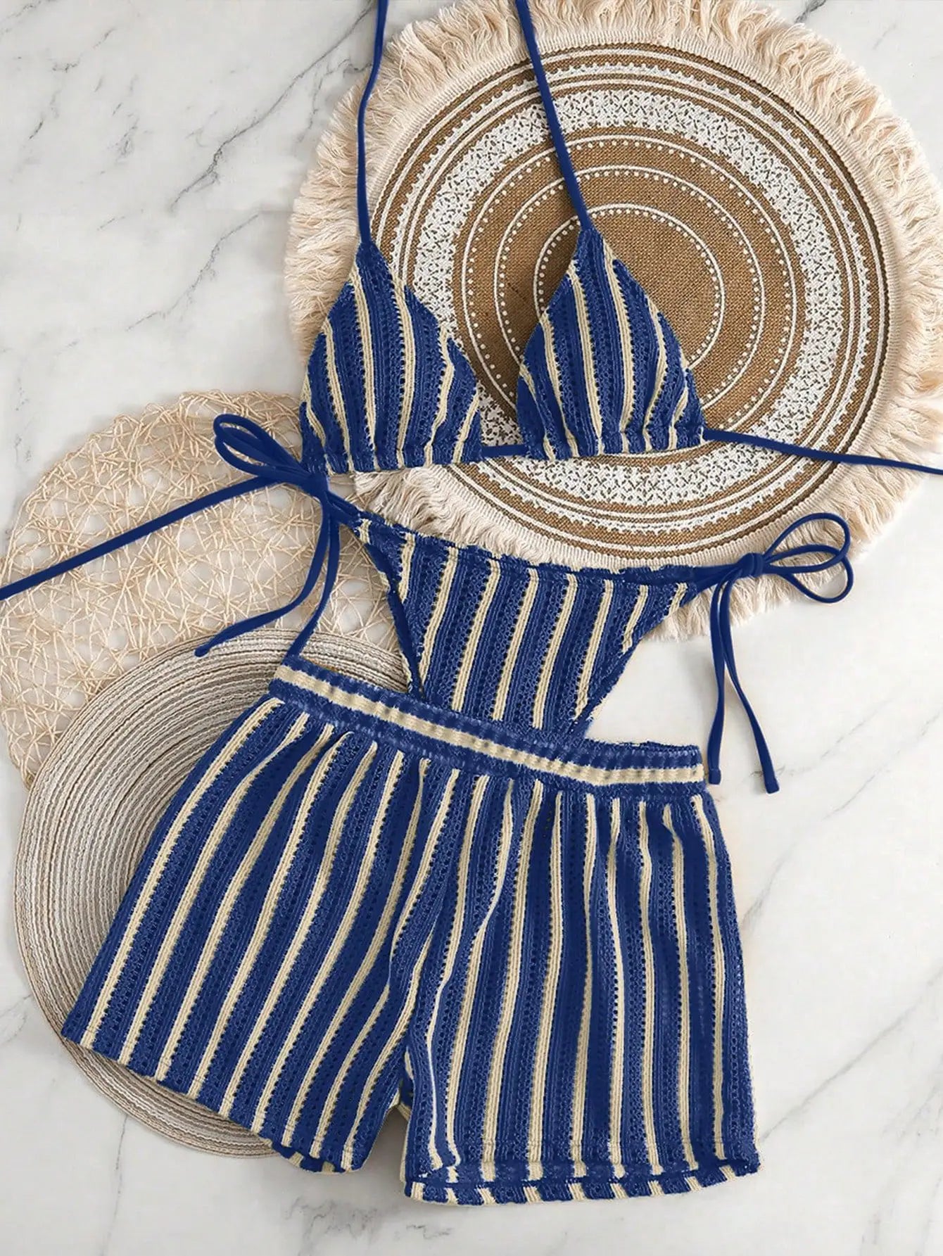 3PCS With Shorts Stripe Halter Fishnet Bikini Women Swimwear Female Swimsuit Three-pieces Bikini Set Bathing Suit Swim Beachwear