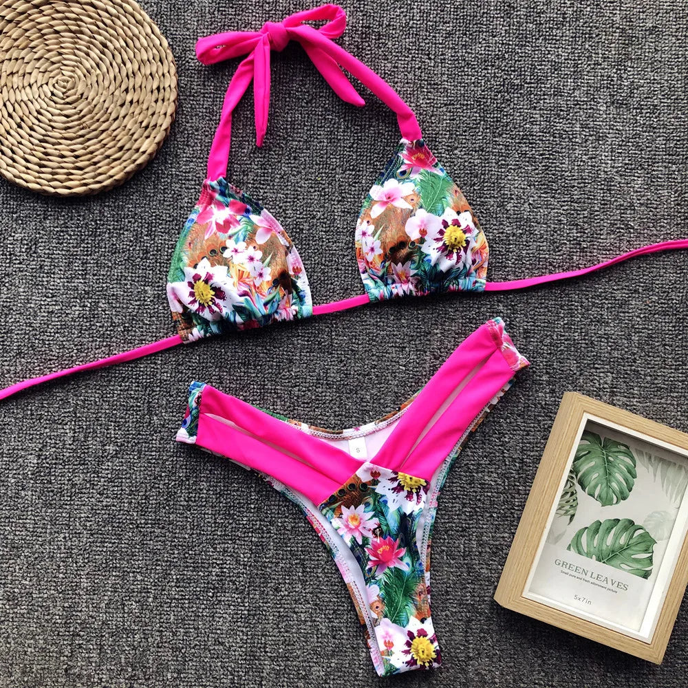 Bikini 2026 Sexy Leopard Floral Print Halter Swimwear Swimsuit Women Bikini Set Bathing Suit Beach Bikini Female Banadores Mujer