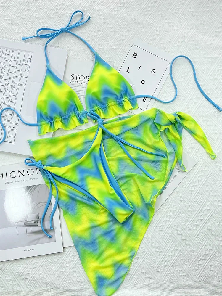 With Sarong Halter Ruffled Tie Dye Bikini Women Swimwear Female Swimsuit Three-pieces Bikini Set Bathing Suit Swim Beachwear