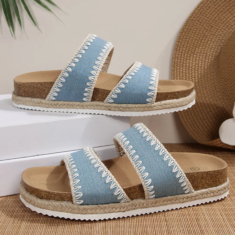 Bohemian Style Platform Slippers Women Plus Size 43 Embroidery Denim Thick Bottom Sandals Woman Open Toe Non Slip Summer Sandles