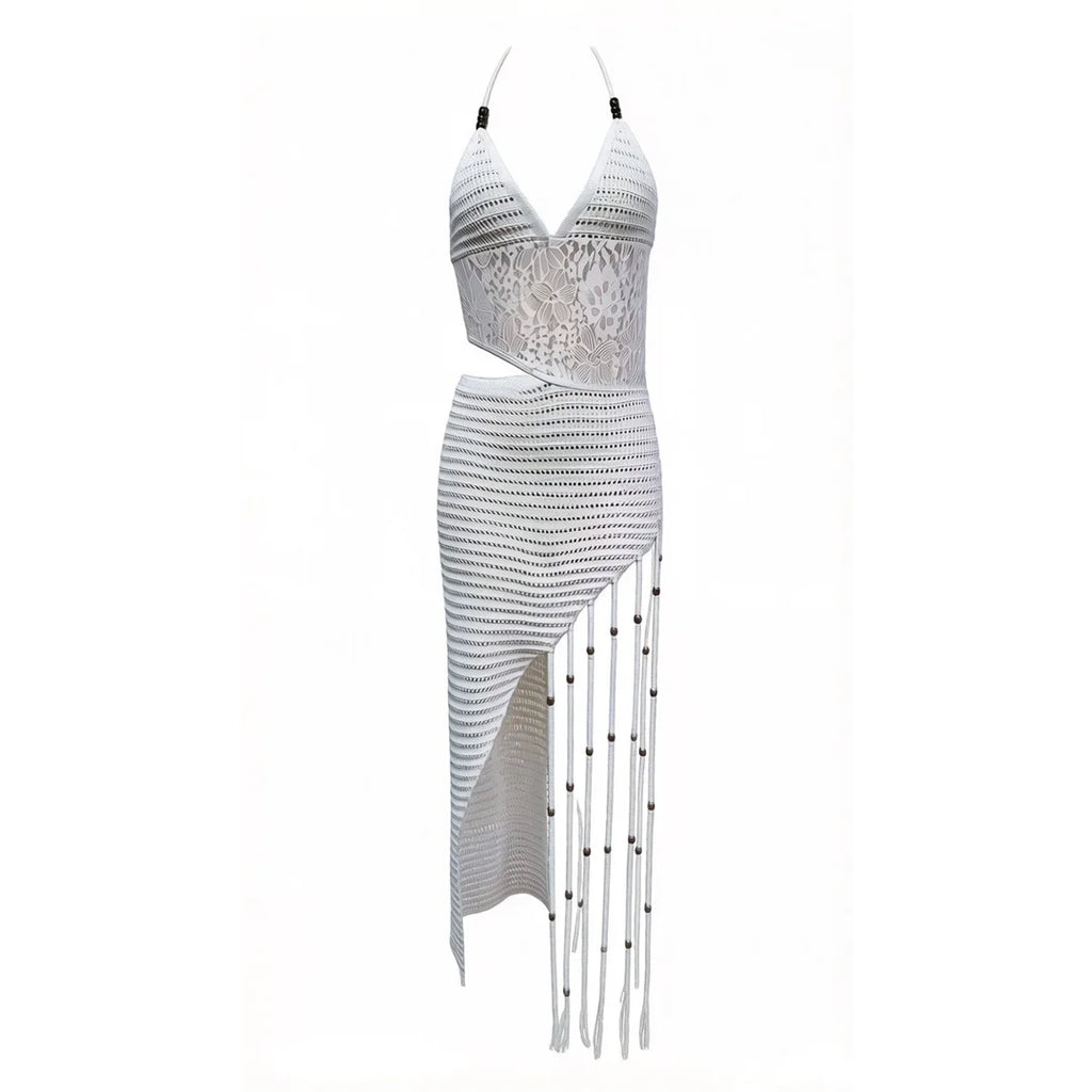 New Tassels Asymmetric Halter Crochet Knitted Tunic Beach Cover Up Cover-ups Beach Dress Beach Wear Beachwear Female Women V8257