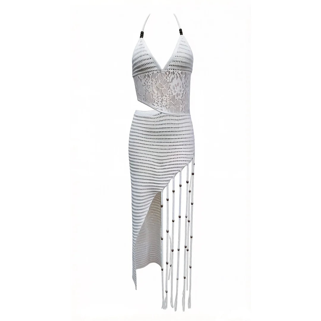 New Tassels Asymmetric Halter Crochet Knitted Tunic Beach Cover Up Cover-ups Beach Dress Beach Wear Beachwear Female Women V8257