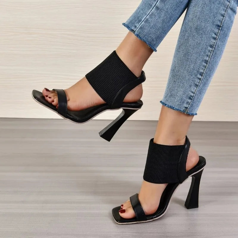 Square Toe High Heeled Sandal Women's Elastic Strap Slingback Pyramid Heeled Shoes Fashion Plus Size Sandals with Peep Toe Heels