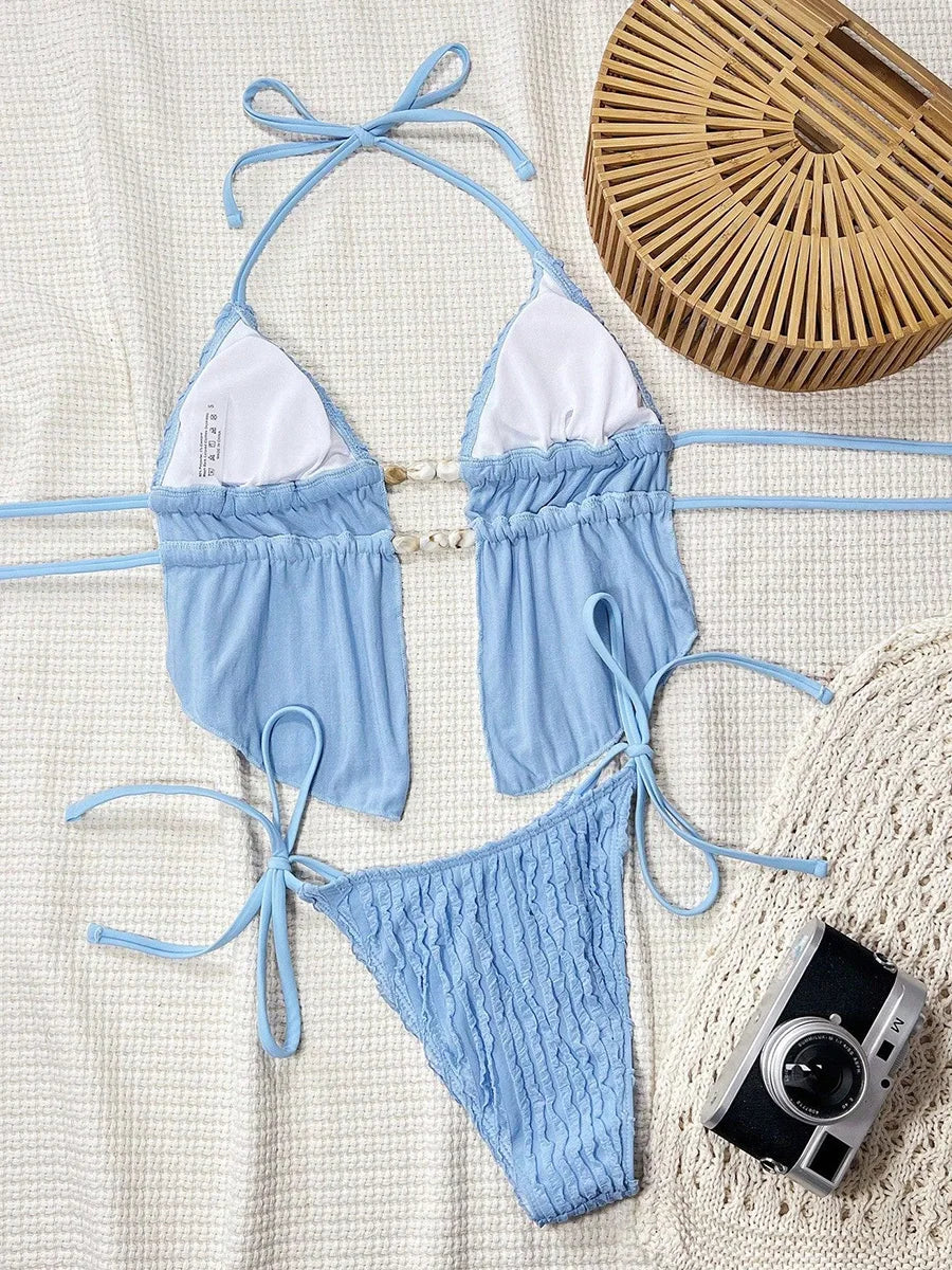 S - XL Wrinkled Tankini Halter Micro Bikini Women Swimwear Female Swimsuit Two-pieces Bikini Set High Cut Bathing Suit Swim Lady