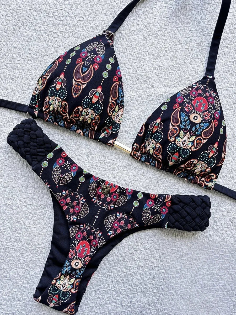 Printed Halter Braided Rope Mini Thong Bikini Female Swimsuit Women Swimwear Two-pieces Bikini Set High Cut Bather Bathing Suit
