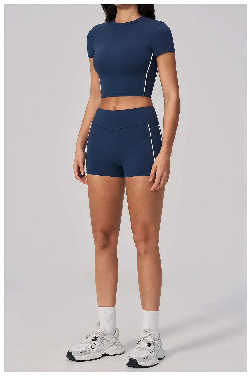 Color Contrast Yoga Suit Women Short Sleeve O Neck Sports T Shirts Tracksuit Outwear High Waist Shorts Gym Running Fitness Suits