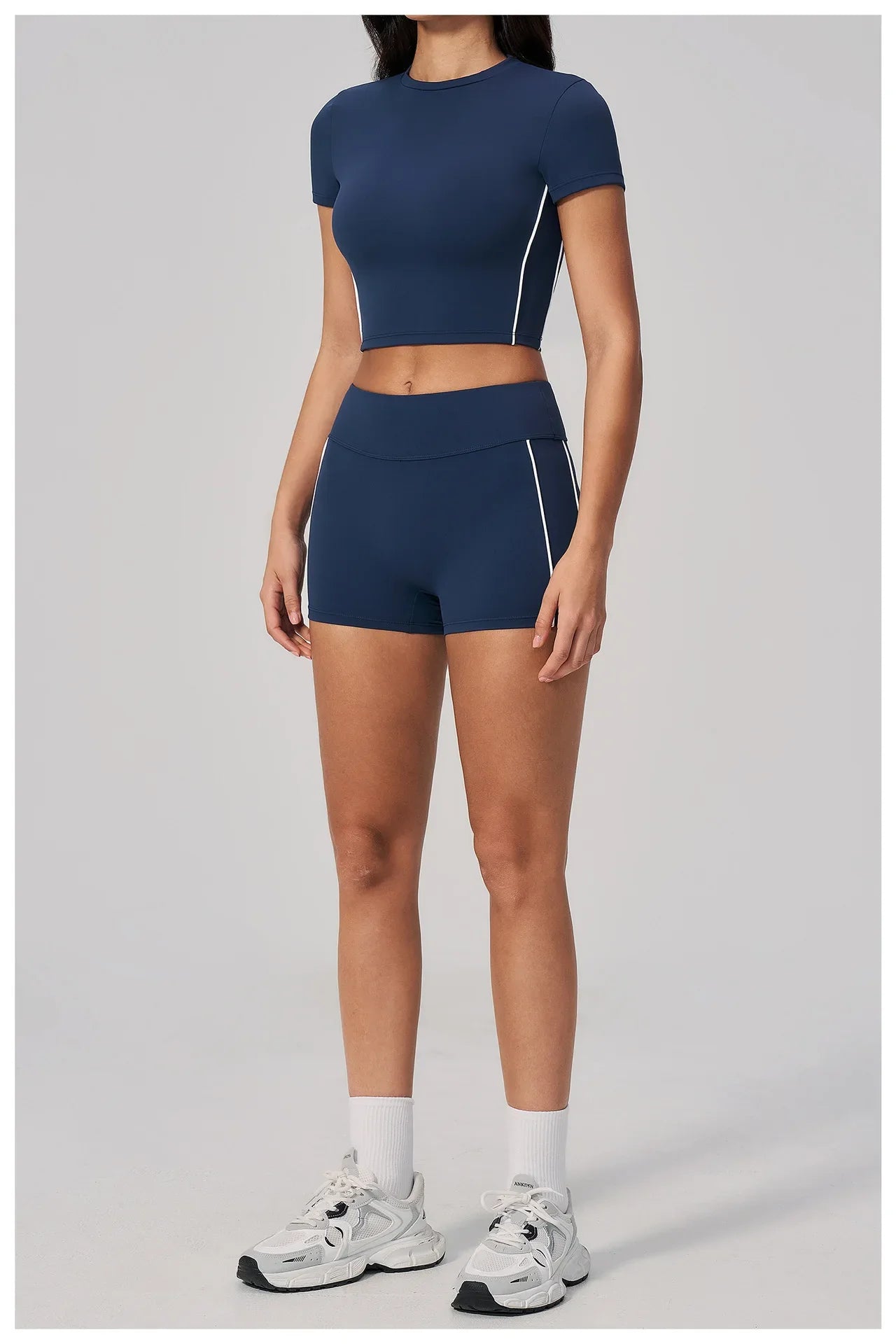 Color Contrast Yoga Suit Women Short Sleeve O Neck Sports T Shirts Tracksuit Outwear High Waist Shorts Gym Running Fitness Suits