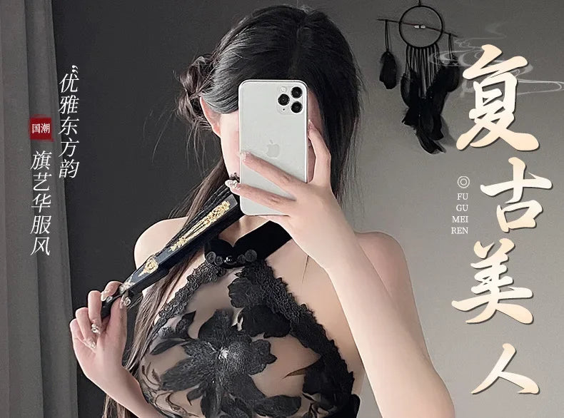 Chinese Traditional Lace Cheongsam Mini Dress Women Sexy Lingerie See-through Embroidery Halter Elegant Qipao Skirt