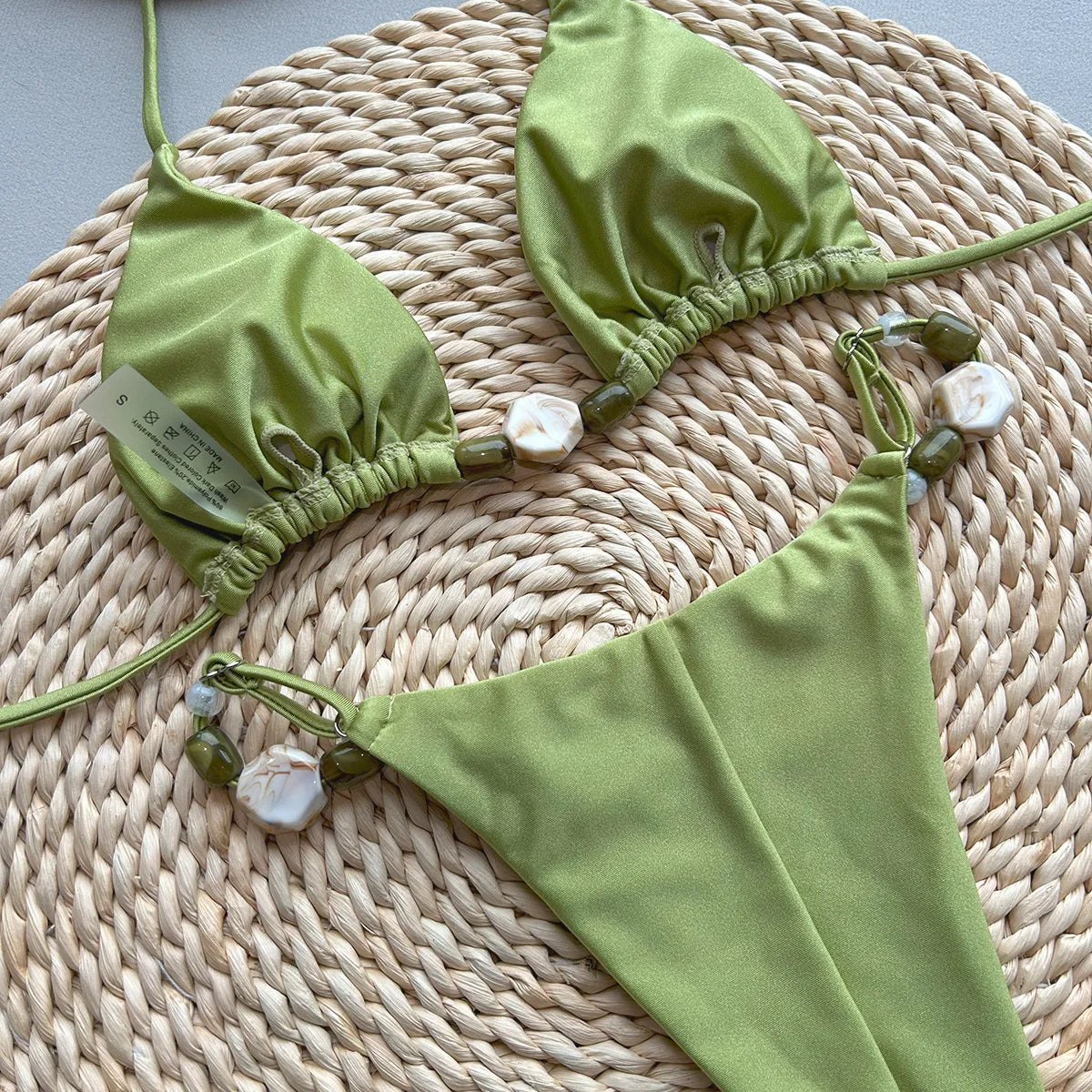 Shiny Halter High Cut Beads Bikini Women Swimwear Female Swimsuit Two-pieces Bikini Set Bather Bathing Suit Swim Lady Beach Wear