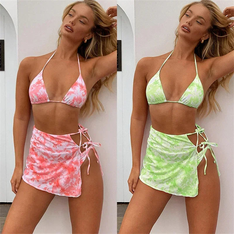 4 Colors Sexy Bikini Set 3-Piece Swimwear Swimsuit Women Halter Print Bikinis Set Bathing Suit Beach Bikini Trajes De Bano Mujer