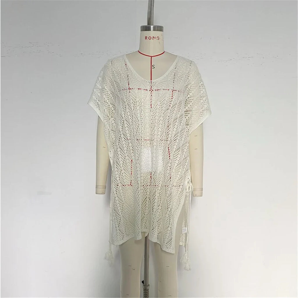 Sexy Short Sleeve Hollow Out Crochet Knitted Tunic Beach Cover Up Cover-ups Beach Dress Beach Wear Beachwear Female Women K6686