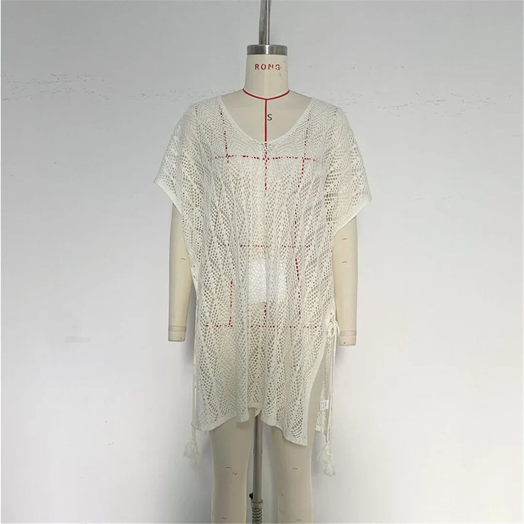 Sexy Short Sleeve Hollow Out Crochet Knitted Tunic Beach Cover Up Cover-ups Beach Dress Beach Wear Beachwear Female Women K6686