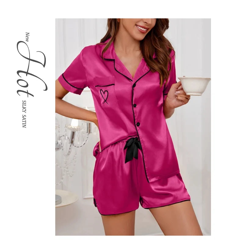 Women's Pajama Lounge Set Summer Heart Embroidered Pocket Patched Short Sleeve Shirt & Shorts Pajamas 2 Piece Set Pyjama Femme