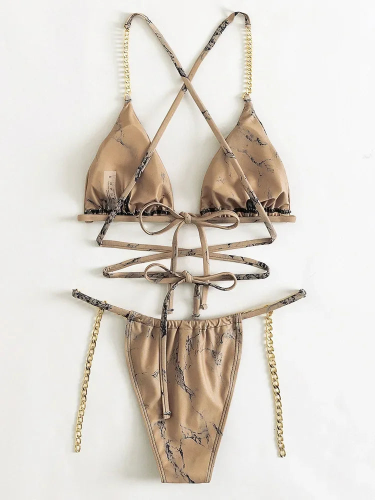Snake Skin Wrap Around Metal Chains Halter Bikini Women Swimwear Female Swimsuit Two-pieces Bikini set Micro Bathing Suit Swim