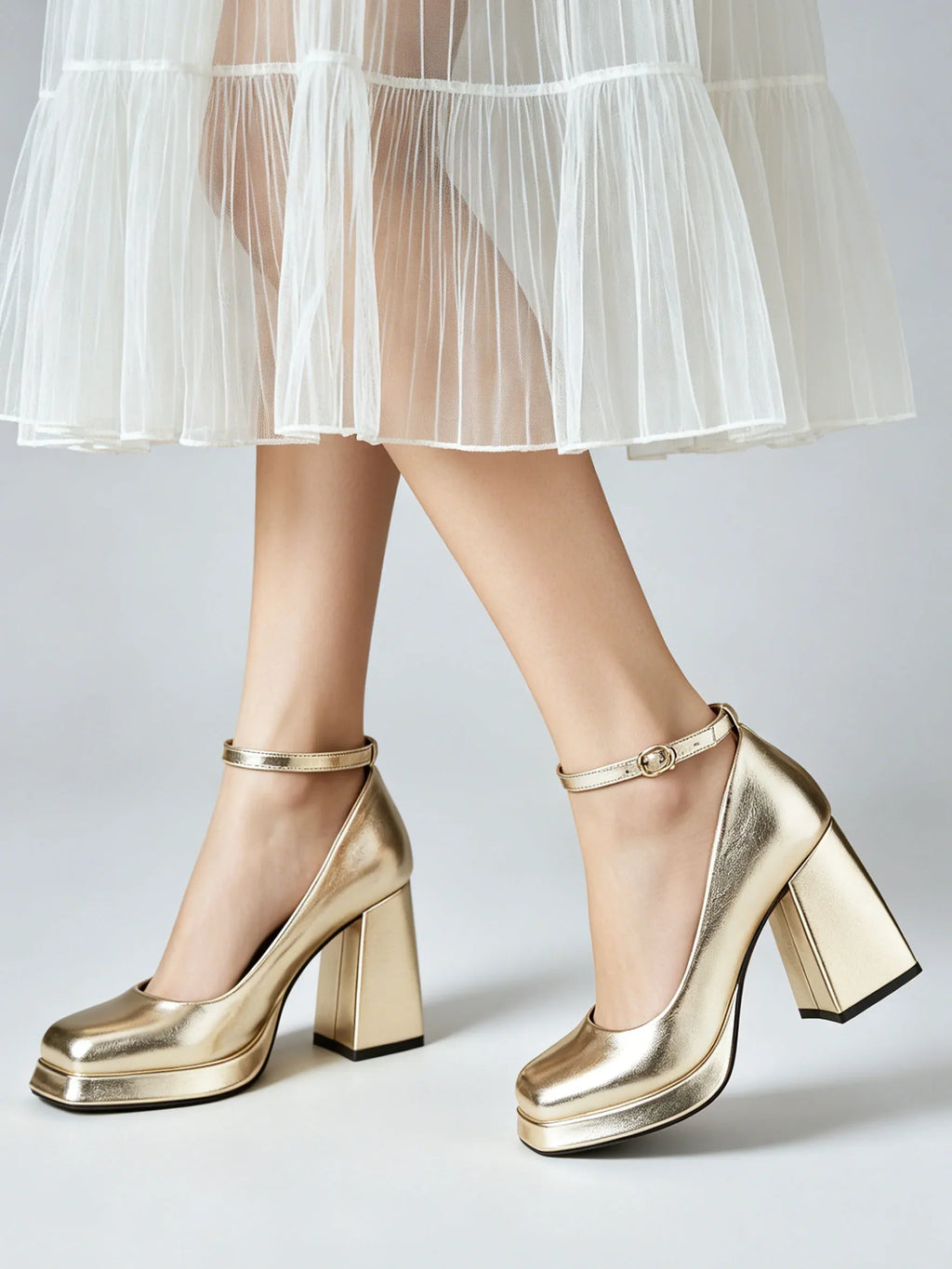 Big Size 32-46 Elegant Gold Metallic Platform High Heels Women Shoes Square Toe Ankle Strap Chunky Heel Party Wedding Pumps