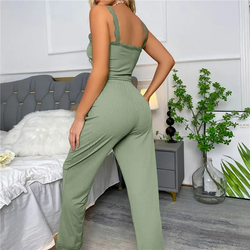 Autumn Winter Two Pieces Pajamas Set for Women Sleepwear Lace Suspenders Tops and Long Trousers Pijamas Loungewear